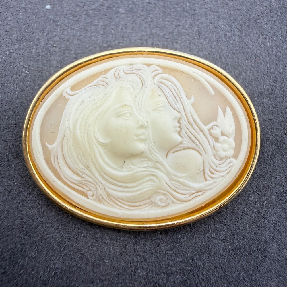 Vintage Brooch Double Face Cameo Gold Tone Frame Cottagecore